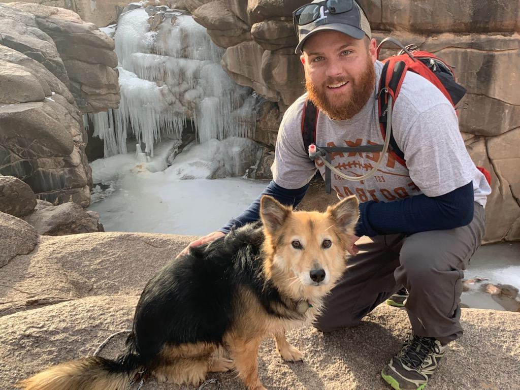 Hiking "Big Dominguez Canyon" with my dog Luna with a quick stop at the frozen waterfall.  A great hike in the valley to enjoy the river, waterfall, great views and some petroglyphs.